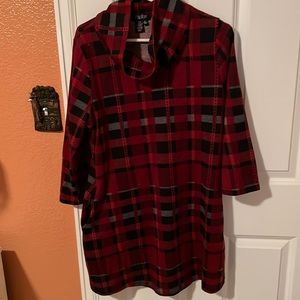 Papillon red/black/gray tunic dress w/pockets cowl neck 3/4 sleeves-COMFORTABLE!